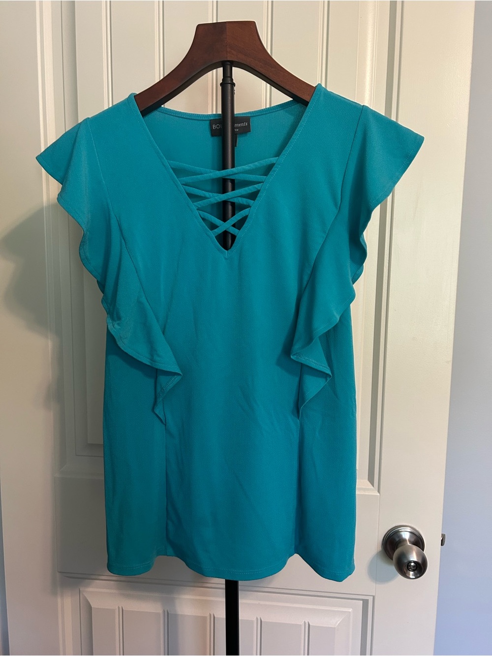 Bold Elements Teal V-Neck Lace-Up Ruffle Sleeve Top